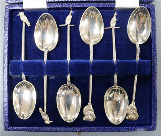 A cased set of six Australian sterling silver teaspoons with animal terminals, maker DJ Ltd.